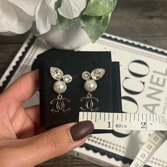 CHANEL Gold CC Faux Pearl Crystal Dangle Earrings